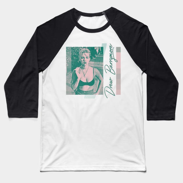 Drew Barrymore  •••••••• Retro 90s Aesthetic Design Tribute Baseball T-Shirt by unknown_pleasures